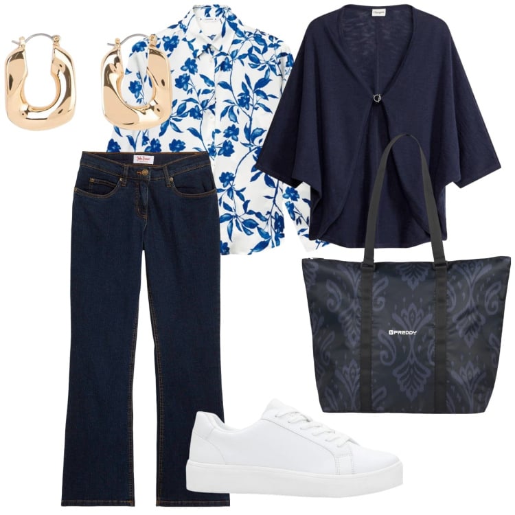 Outfit donna - everyday. per Tutti i giorni. Abbinamento con jeans bootcut, cardigans, sneakers, orecchini, camicie, shopping bag.