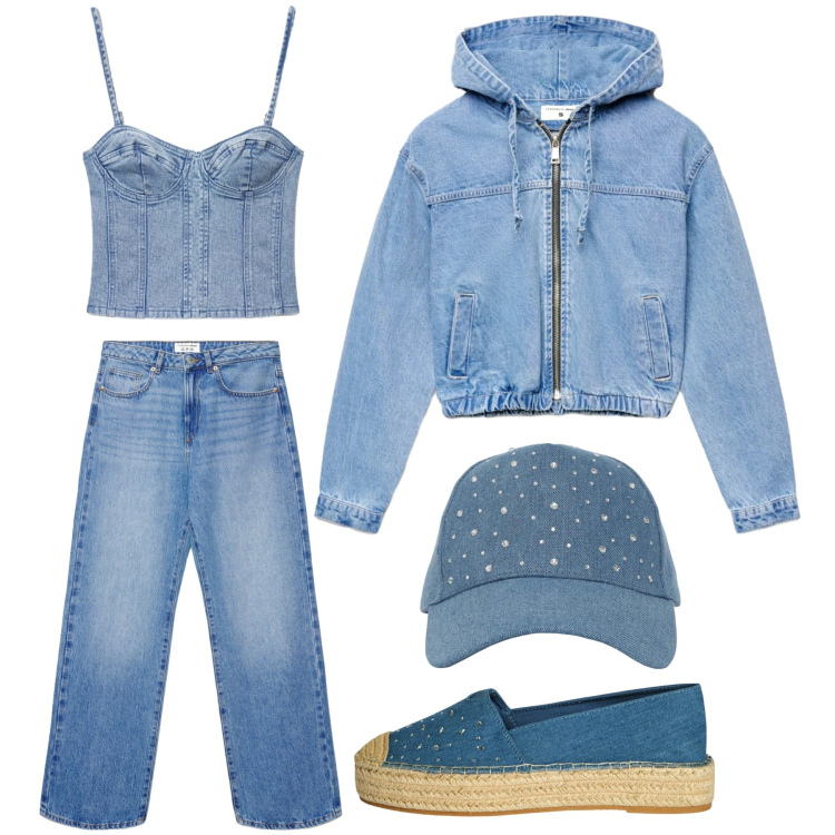 Outfit donna - Solo jeans. Stile Casual per Tutti i giorni. Abbinamento con bomber, jeans dritti, top, cappelli, espadrillas.