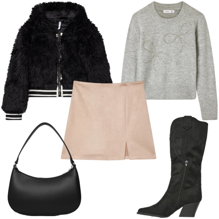 Outfit donna - Terranova Glam Events: gli stivali. Stile Trendy per Tutti i giorni. Abbinamento con minigonne, bomber, maglieria, stivali, borse a tracolla.