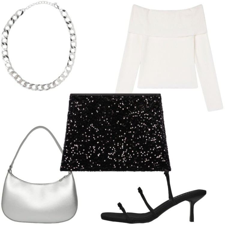 Outfit donna - Terranova Glam Events: serata glamour. Stile Glamour per Serata fuori. Abbinamento con minigonne, collane, maglieria, borse a tracolla, sandali col tacco.