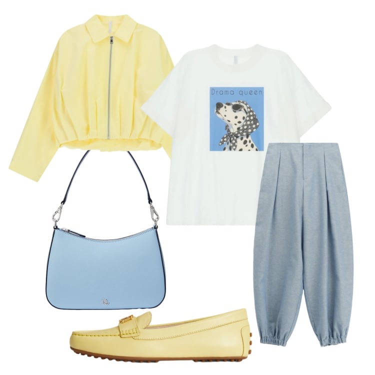 Outfit donna - Spring Drama Queen. Stile Urban per Tutti i giorni. look ideale per Petite. Abbinamento con bomber, t-shirt, pantaloni, mocassini, borse a spalla.