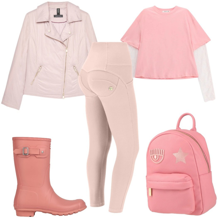 Outfit donna - marzo= rosa - sportiva. Stile Basic per Tutti i giorni. Abbinamento con zaini, stivali, piumini, t-shirt, pantaloni skinny.