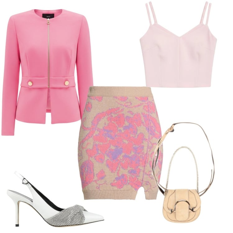 Outfit donna - marzo= rosa - cerimonia glamour. Stile Glamour per Cerimonia. Abbinamento con décolleté, minigonne, marsupi, top, blazer.