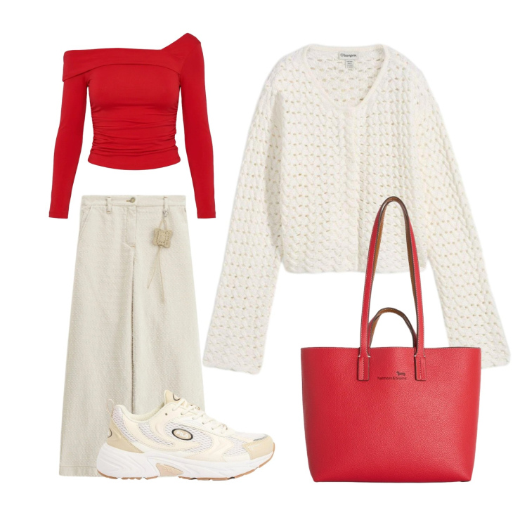 Outfit donna - Un tocco di rosso. Stile Casual per Tutti i giorni. Abbinamento con cardigans, sneakers, shopping bag, t-shirt, pantaloni a palazzo.