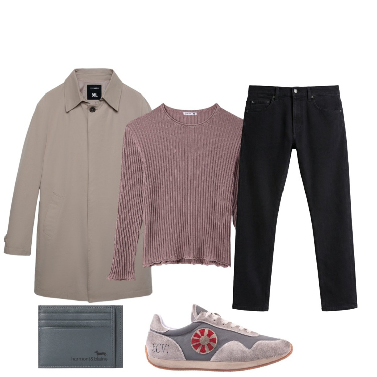 Outfit uomo - In Primavera il trench è indispensabile. Stile Trendy per Tutti i giorni. Abbinamento con jeans, portafogli, trench, maglieria, sneakers.