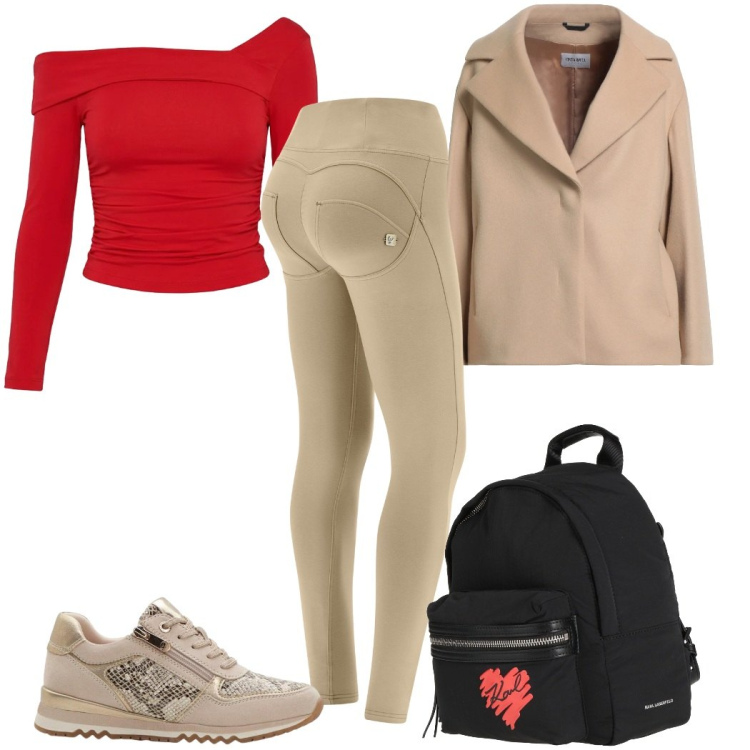 Outfit donna - Look da weekend primaverile. Stile Trendy per Tutti i giorni. Abbinamento con cappotti, zaini, sneakers, t-shirt, pantaloni skinny.