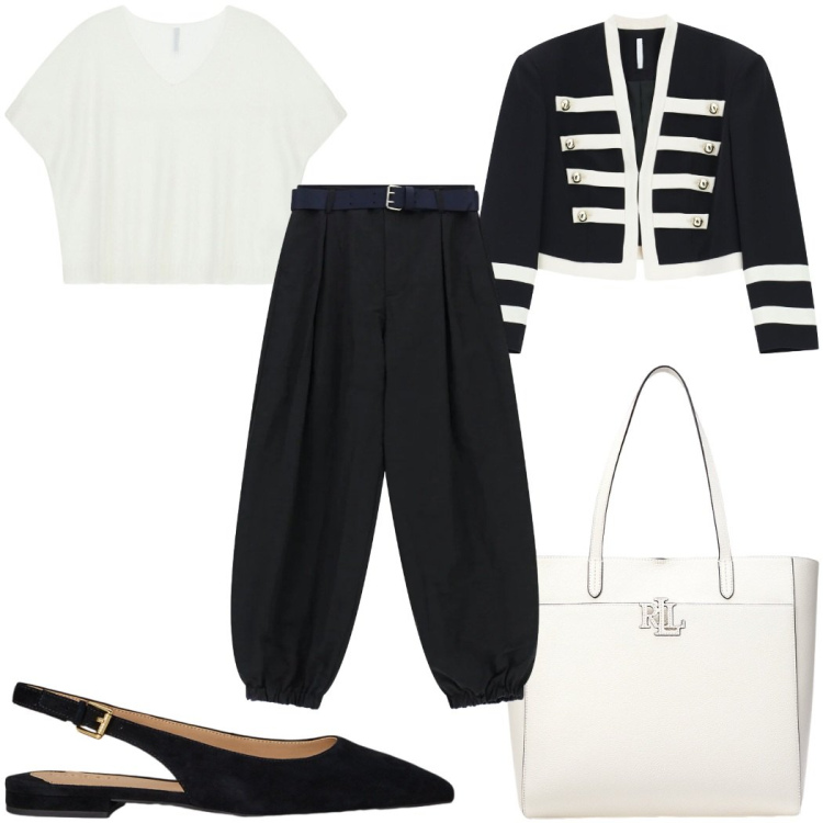 Outfit donna - Imperial The New Crew SS26 black e white. Stile Trendy per Tutti i giorni. Abbinamento con pantaloni, blazer, top, borse tote, ballerine.