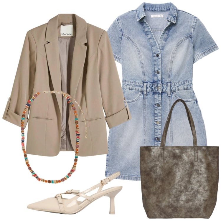 Outfit donna - Denim. Stile Bon Ton per Ufficio. Abbinamento con blazer, collane, shopping bag, décolleté, vestiti corti.