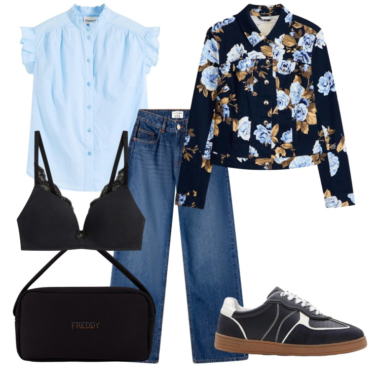 Outfit donna - Fiori azzurri. Stile Basic per Tutti i giorni. Abbinamento con blazer, bluse, sneakers, reggiseni, borse a mano, jeans.