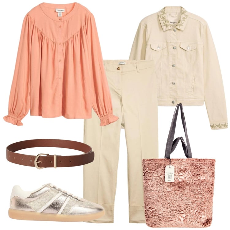 Outfit donna - Tocco pesca. Stile Basic per Tutti i giorni. Abbinamento con sneakers, pantaloni chino, bluse, cappotti, borse tote, cinture.