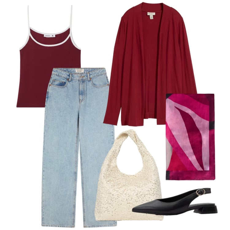 Outfit donna - Un foulard e via. Stile Bon Ton per Tutti i giorni. Abbinamento con cardigans, ballerine, foulard, borse a spalla, canottiere, jeans.