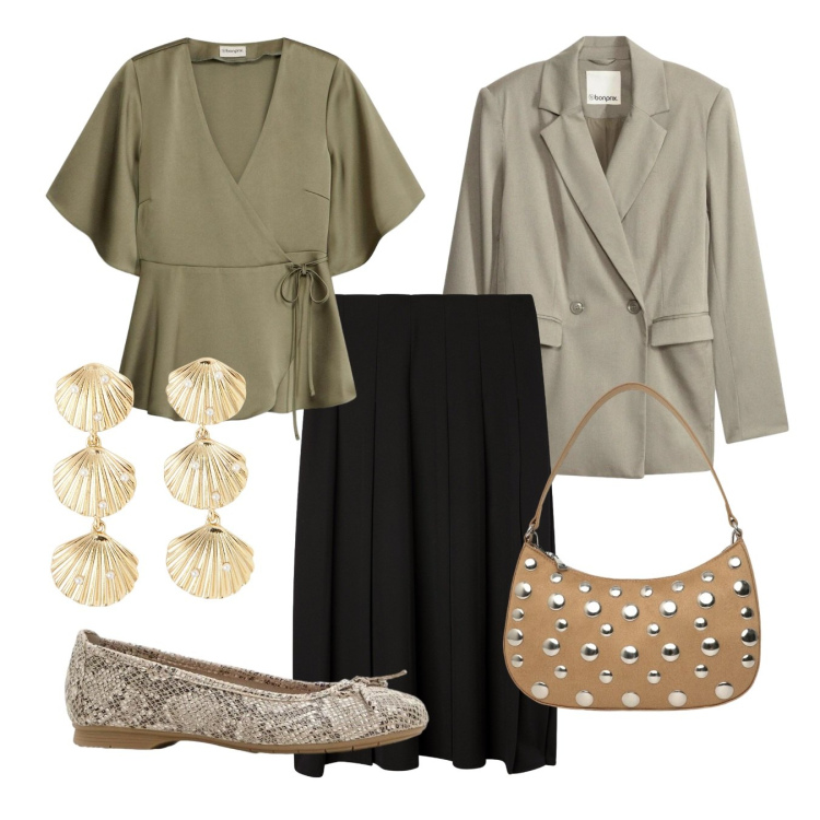 Outfit donna - Una miss. Stile Bon Ton per Serata fuori. Abbinamento con blazer, ballerine, bluse, orecchini, gonne lunghe, borse a tracolla.