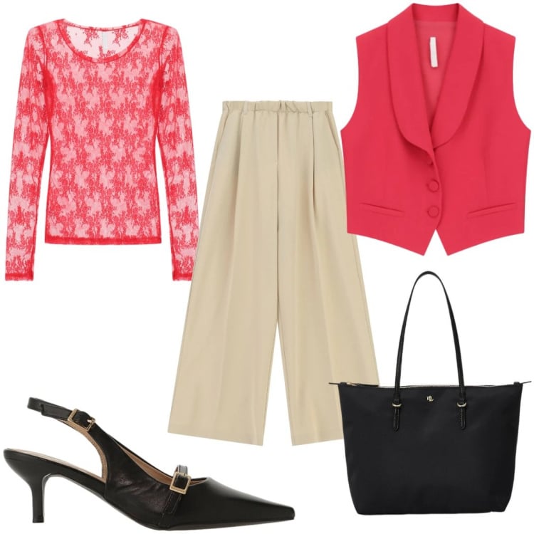 Outfit donna - Imperial-The New Crew SS26 in rosso. Stile Trendy per Tutti i giorni. Abbinamento con sandali col tacco, gilet, pantaloni a palazzo, top, borse tote.