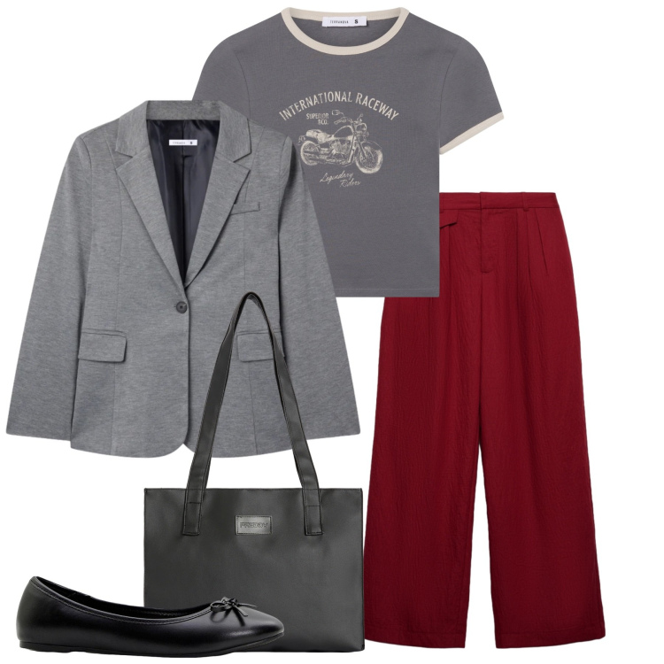 Outfit donna - Basic college. Stile Preppy per Tutti i giorni. Abbinamento con ballerine, shopping bag, blazer, t-shirt, pantaloni.