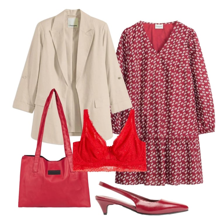 Outfit donna - Rouge. Stile Bon Ton per Ufficio. Abbinamento con décolleté, blazer, vestiti corti, reggiseni, shopping bag.