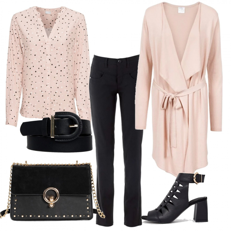 Outfit donna - Rosa e nero per il lavoro. Stile Basic per Ufficio. Abbinamento con pantaloni, camicie, jeans, borsa a tracolla, tronchetti nero, cintura con stampa e fibbia lunghezza regolabile nero.