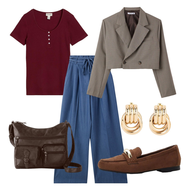 Outfit donna - Blazer corto. Stile Bon Ton per Tutti i giorni. Abbinamento con orecchini, mocassini, borse a tracolla, t-shirt, jeans, blazer.
