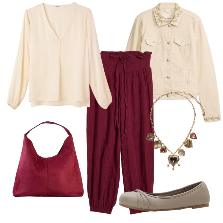 Outfit donna - Un po\' gitana. Stile Romantica per Tutti i giorni. Abbinamento con pantaloni, ballerine, borse a spalla, cappotti, collane, bluse.