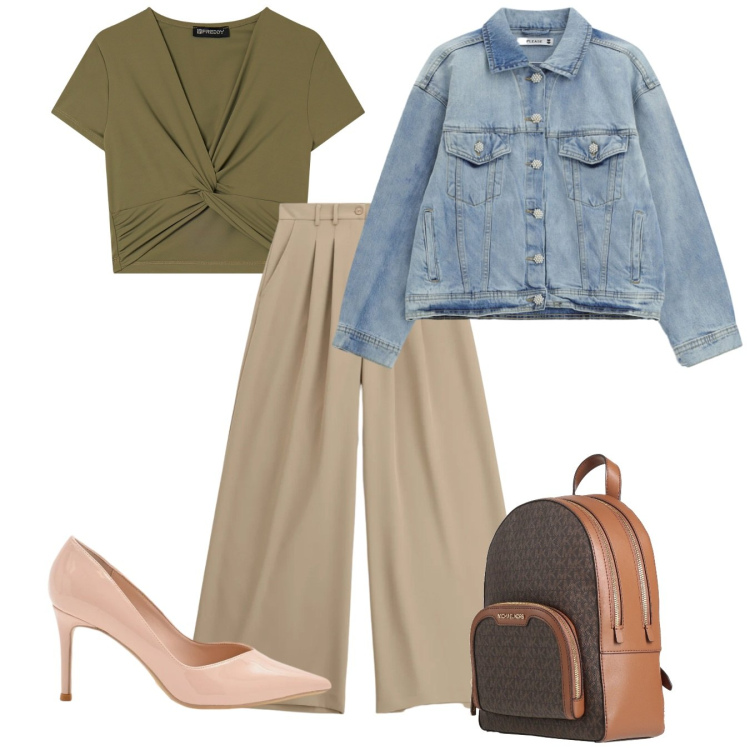 Outfit donna - Le pinces. Stile Bon Ton per Tutti i giorni. Abbinamento con zaini, décolleté, pantaloni a palazzo, blazer, t-shirt.