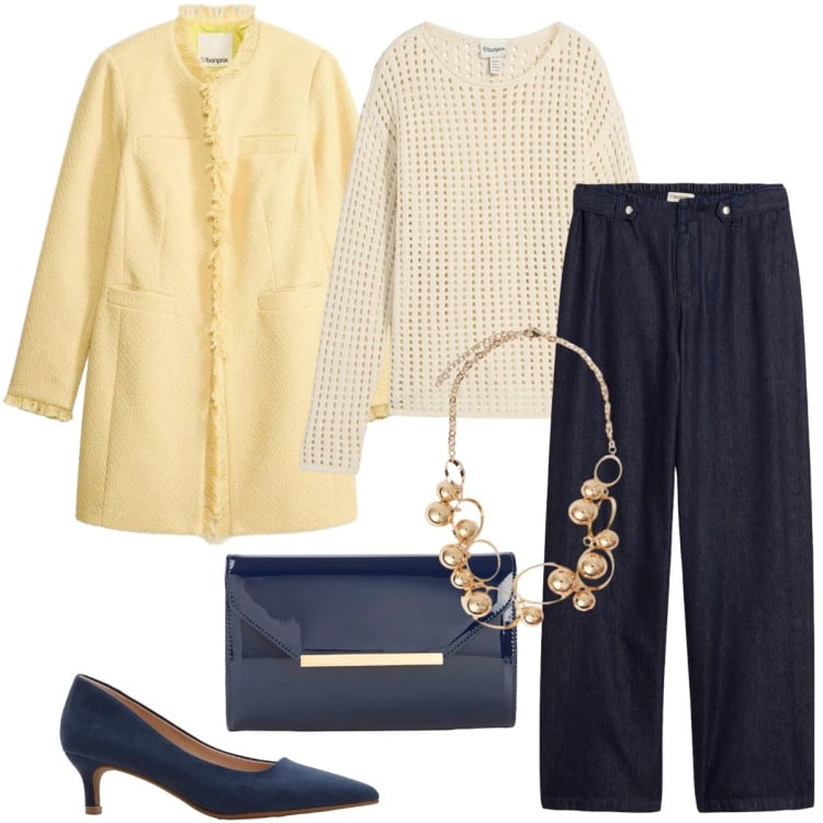 Outfit donna - Per Pasqua. Stile Casual chic per Tutti i giorni. Abbinamento con blazer, jeans dritti, maglieria, décolleté, pochette, collane.