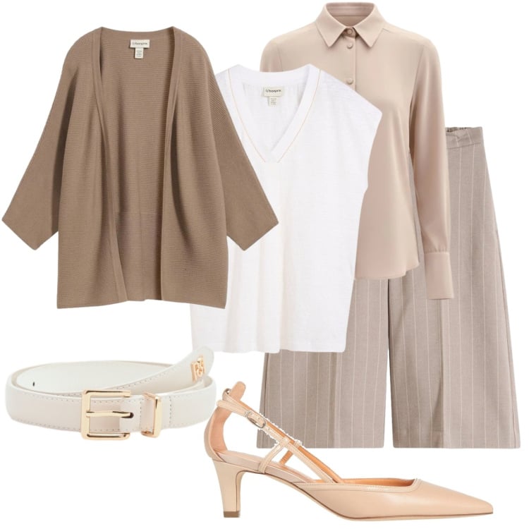 Outfit donna - Bermuda gessato. Stile Glamour per Ufficio. Abbinamento con décolleté, cardigans, bermuda, maglieria, camicie, cinture.