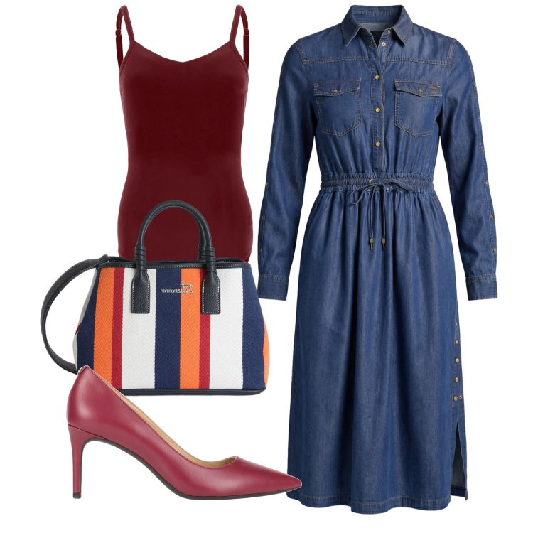Outfit donna - Chemisier denim. Stile Bon Ton per Tutti i giorni. Abbinamento con décolleté, shopping bag, vestiti chemisier, body.