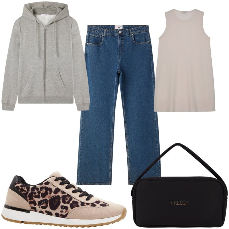 Outfit donna - Total look #2372116. Stile Basic per Tutti i giorni. Abbinamento con sneakers, borse a mano, bluse, felpe con cappuccio, jeans dritti.