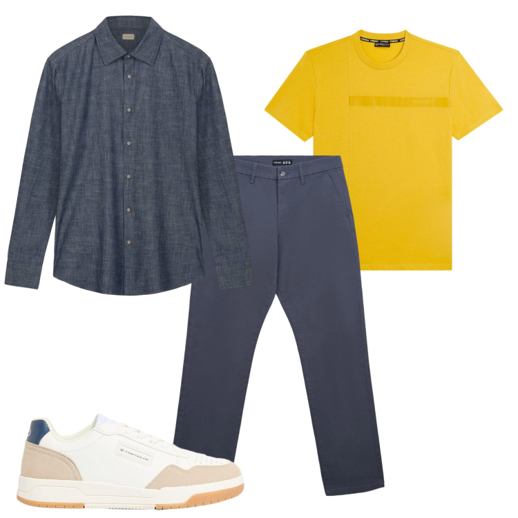 Outfit uomo - Blu e giallo. Stile Casual per Tutti i giorni. Abbinamento con sneakers, t-shirt, pantaloni chino, camicie.
