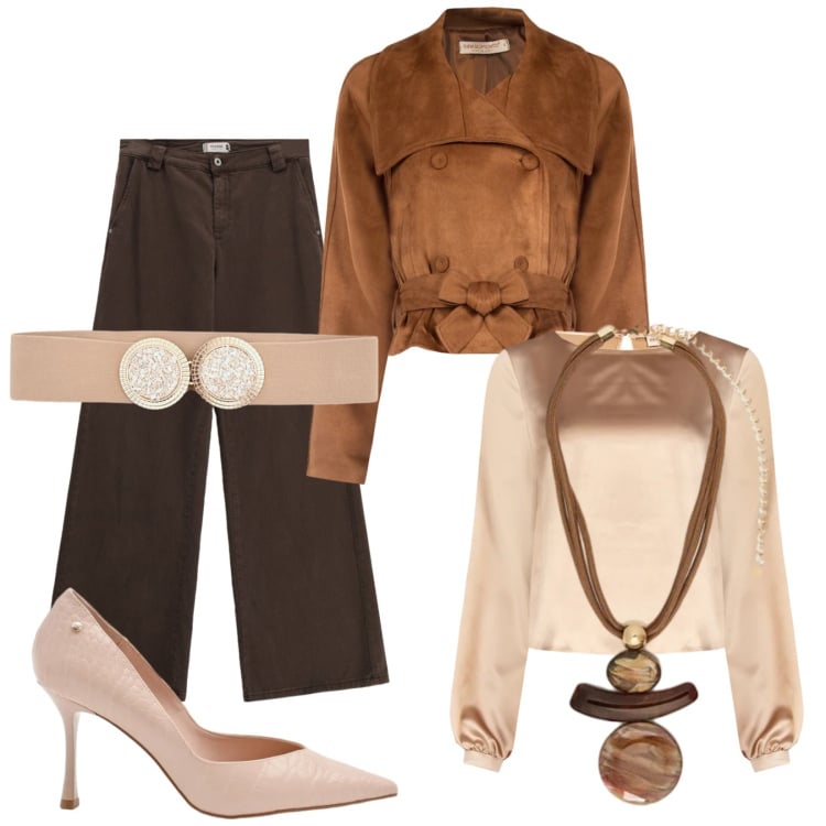 Outfit donna - Un look un po\' nude. Stile Casual chic per Ufficio. Abbinamento con ciondoli, giacche, bluse, décolleté, cinture, pantaloni a palazzo.