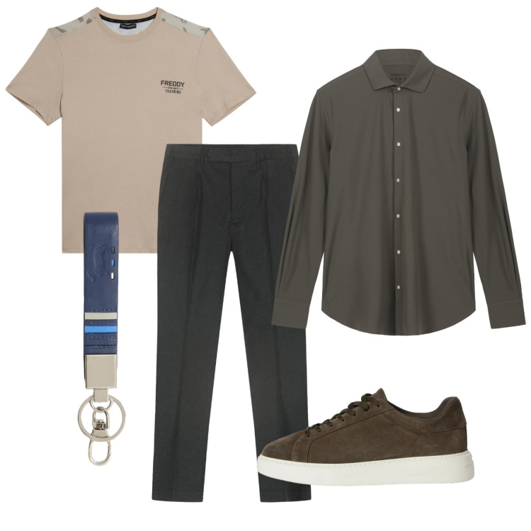Outfit uomo - Stile smart casual di primavera. Stile Casual per Tutti i giorni. Abbinamento con portachiavi, sneakers, t-shirt, camicie, pantaloni.
