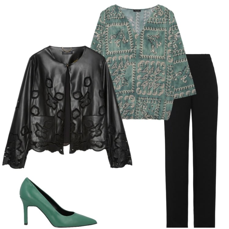 Outfit donna - Stile primaverile curvy. Stile Casual chic per Serata fuori. Abbinamento con décolleté, pantaloni, blazer, t-shirt.