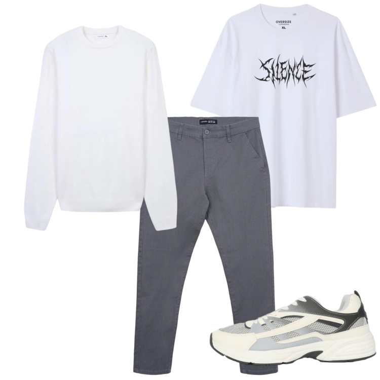 Outfit uomo - Bianco. Stile Casual per Tutti i giorni. Abbinamento con pantaloni chino, maglieria, sneakers, t-shirt.