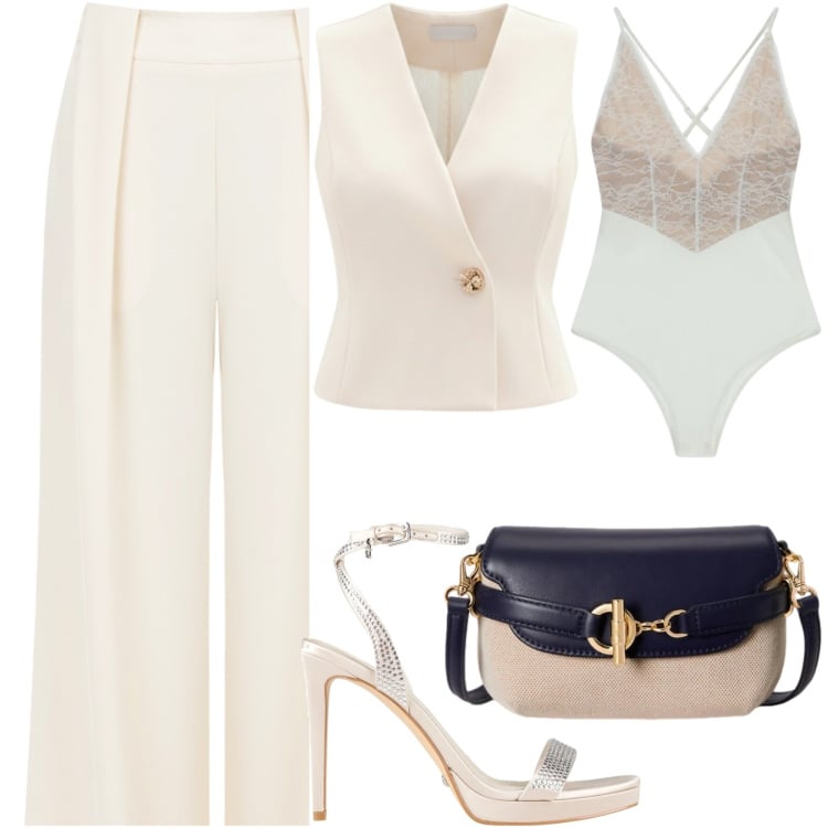 Outfit donna - Gilet indossato come unico protagonista. Stile Chic per Tutti i giorni. Abbinamento con sandali col tacco, body, pantaloni a palazzo, gilet, borse a tracolla.