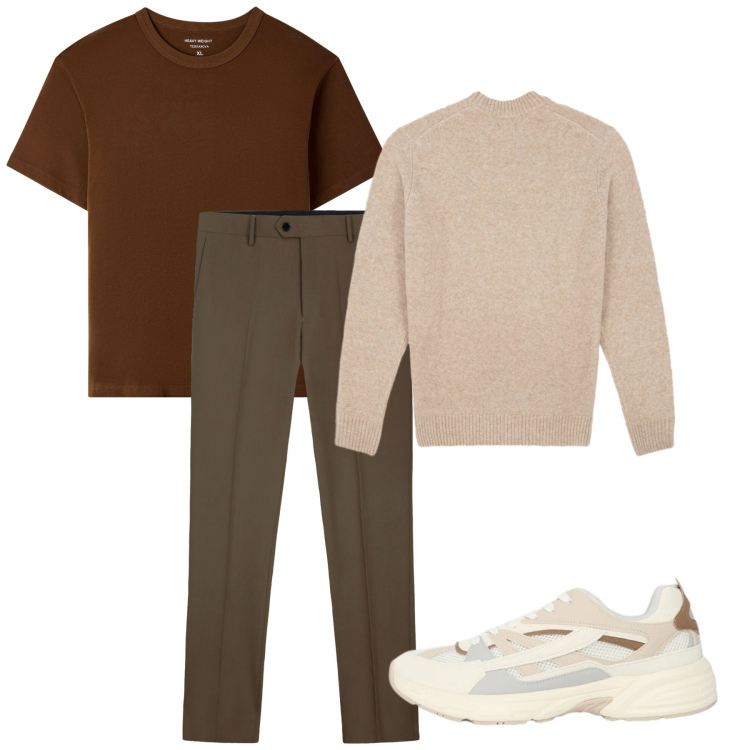 Outfit uomo - Ancora fresco. Stile Casual per Tutti i giorni. Abbinamento con t-shirt, sneakers, pantaloni, maglieria.
