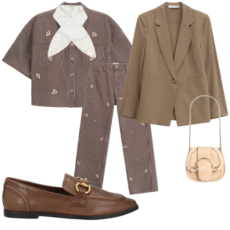 Outfit donna - Carrie Bradshaw. Stile Chic per Ufficio. Abbinamento con marsupi, sciarpe, mocassini, pantaloni a palazzo, camicie a manica corta, blazer.