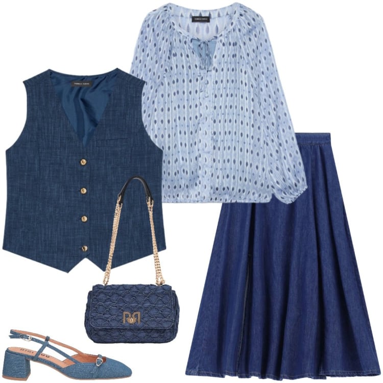 Outfit donna - Stile primaverile curvy. Stile Casual chic per Tutti i giorni. Abbinamento con décolleté, gilet, borse a spalla, bluse, gonne lunghe.