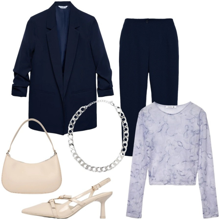 Outfit donna - Total look #2372144. Stile Minimal per Ufficio. Abbinamento con t-shirt, blazer, décolleté, collane, borse a tracolla, pantaloni chino.