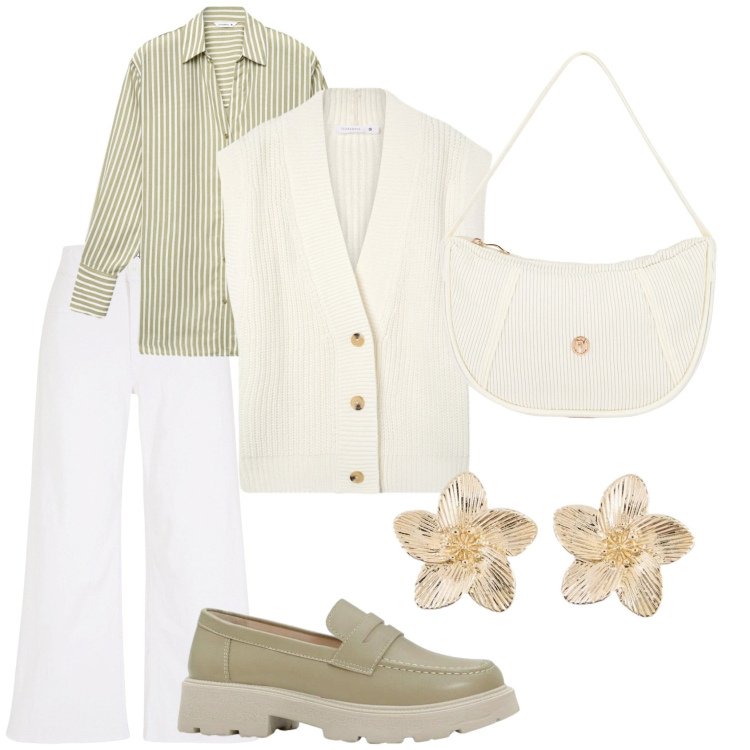 Outfit donna - Una giornata primaverile. Stile Chic per Tutti i giorni. Abbinamento con mocassini, jeans, orecchini, gilet, camicie, borse a mano.