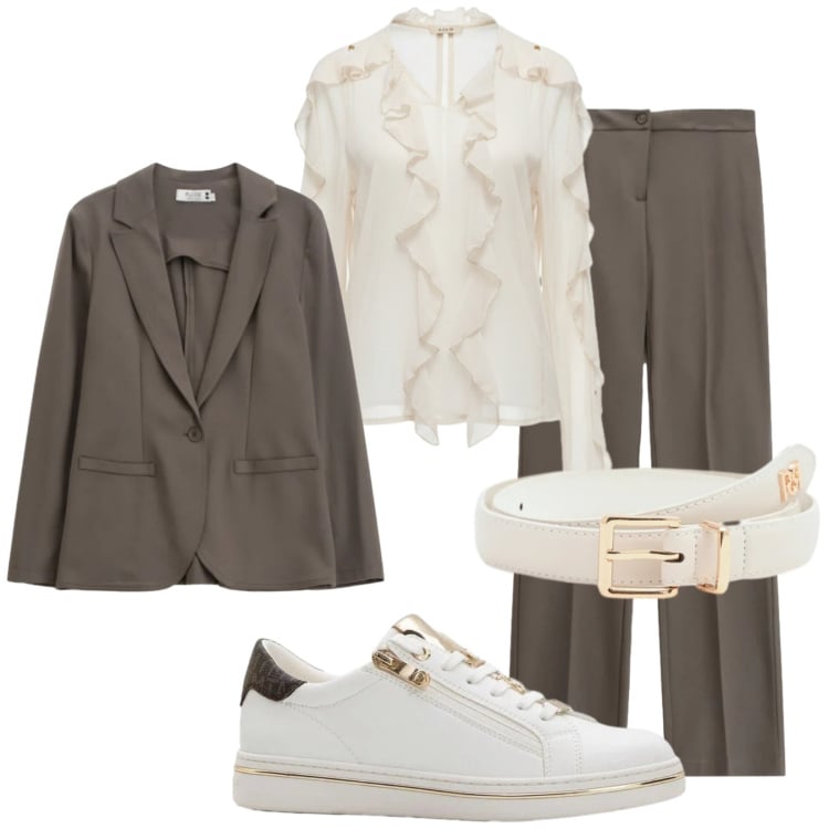 Outfit donna - Tailleur neutro. Stile Glamour per Ufficio. Abbinamento con sneakers, bluse, cinture, pantaloni, blazer.