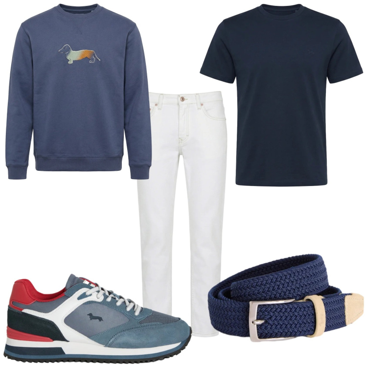 Outfit uomo - Blu e bianco primaverile. Stile Casual per Tutti i giorni. Abbinamento con sneakers, cinture, jeans, t-shirt, felpe.