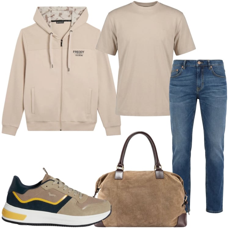 Outfit uomo - Si parte per fine settimana. Stile Casual per Tutti i giorni. Abbinamento con t-shirt, sneakers, jeans, felpe con cappuccio, borse sportive.