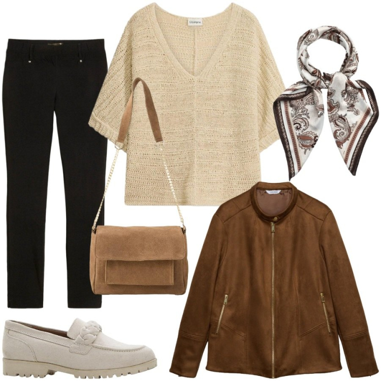 Outfit donna - Total look #2372162. Stile Casual chic per Tutti i giorni. Abbinamento con t-shirt, pantaloni, borse a tracolla, mocassini, foulard, giacche.