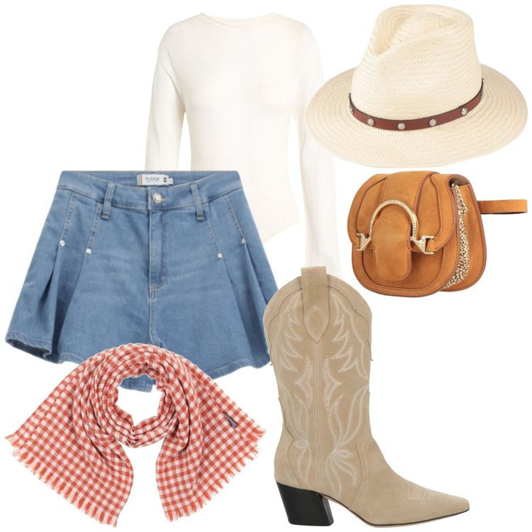 Outfit donna - Coachella. Stile Boho per Serata fuori. Abbinamento con marsupi, stivali, cappelli, body, sciarpe, shorts.
