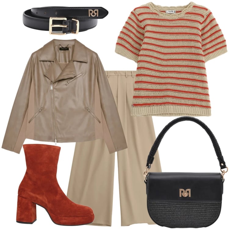 Outfit donna - Deserto. Stile Casual per Ufficio. Abbinamento con stivaletti, blazer, borse a spalla, cinture, t-shirt, pantaloni a palazzo.