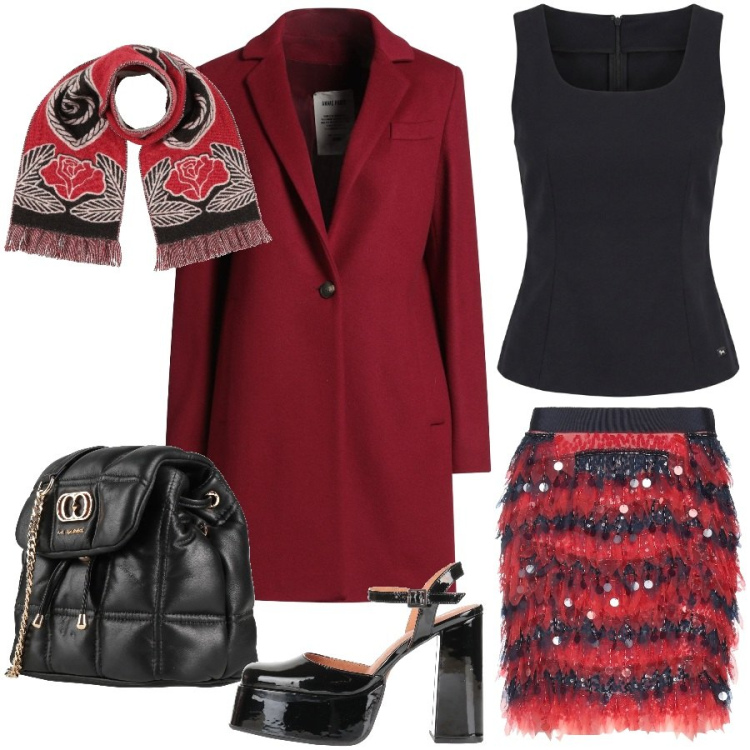 Outfit donna - Serata evento. Stile Glamour per Serata fuori. Abbinamento con cappotti, sciarpe, décolleté, valigie, minigonne, top.