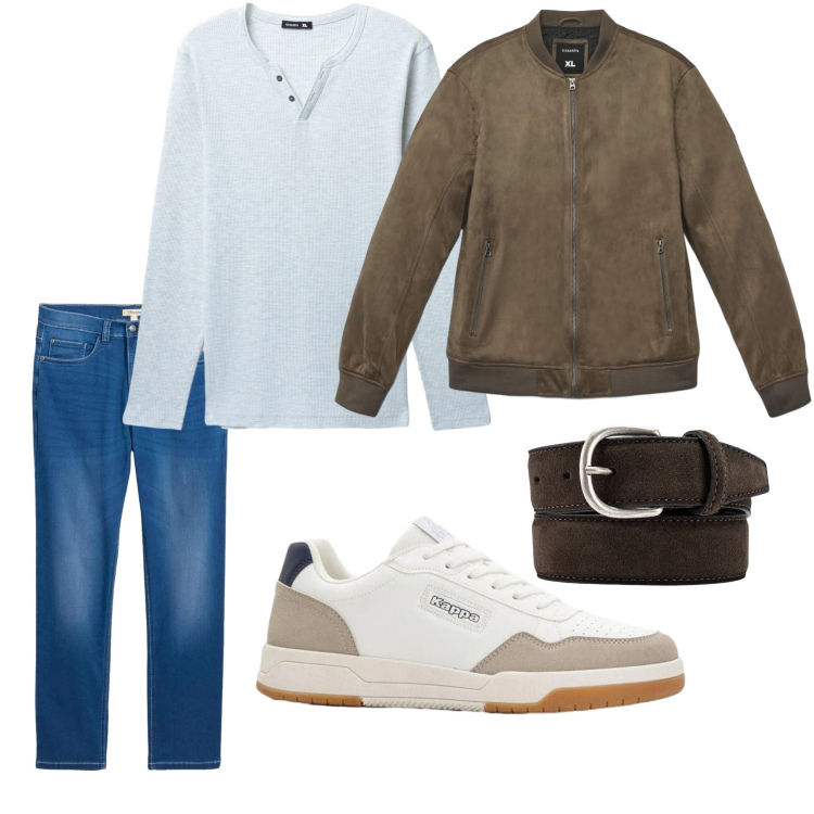 Outfit uomo - T-shirt serafino. Stile Casual per Tutti i giorni. Abbinamento con sneakers, jeans dritti, t-shirt, giacche, cinture.