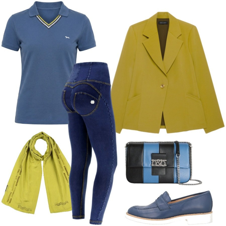 Outfit donna - Total look #2372177. Stile Casual chic per Tutti i giorni. Abbinamento con mocassini, sciarpe, blazer, borse a tracolla, polo, jeggings.