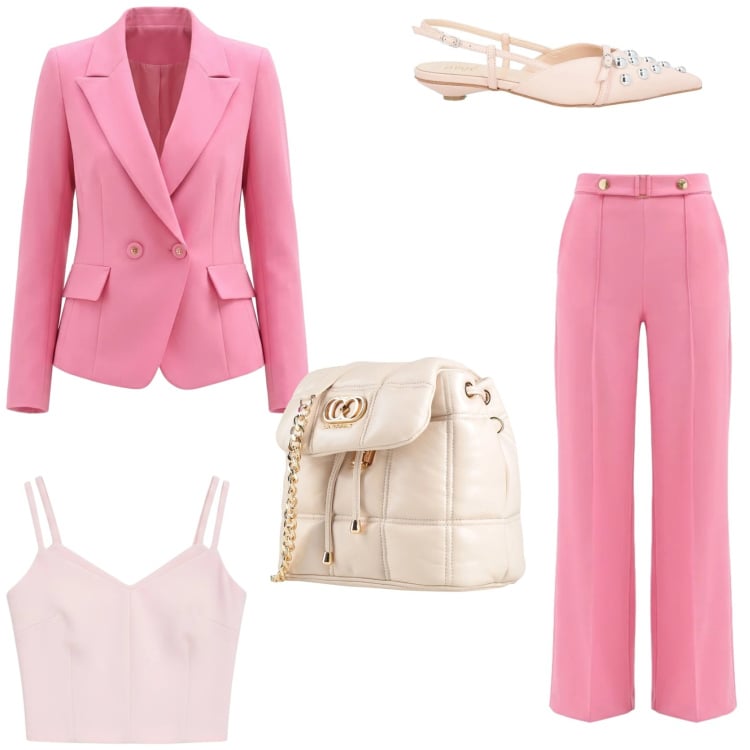 Outfit donna - Il completo primaverile si rinnova. Stile Chic per Tutti i giorni. Abbinamento con valigie, ballerine, blazer, pantaloni a palazzo, top.