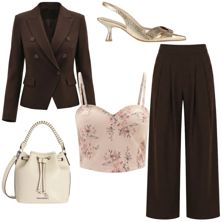 Outfit donna - Il tailleur che fa la differenza. Stile Glamour per Tutti i giorni. Abbinamento con décolleté, borse a secchiello, pantaloni a palazzo, canottiere, blazer.