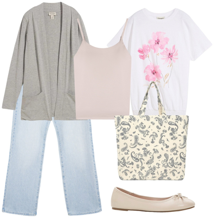 Outfit donna - Tempo libero a fine marzo. Stile Casual per Tutti i giorni. Abbinamento con cardigans, ballerine, t-shirt, magliette intime, jeans dritti, shopping bag.